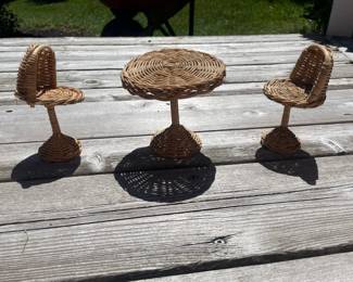 Vintage Wicker Dollhouse Furniture Set - Table and Two Chairs