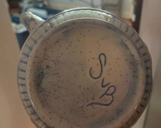 Vintage Blue and White Ceramic Pitcher with Hunt Scene and Dog Handle