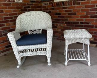 White Wicker Rocking Chair and Side Table Set with Blue Cushion