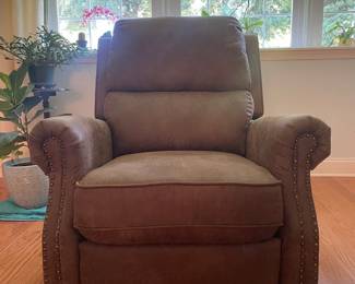 Brown Faux Suede Pushback Recliner with Nailhead Trim