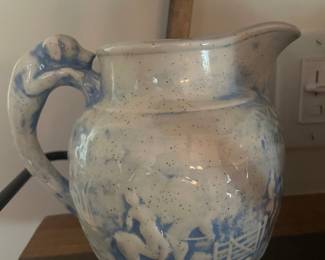 Vintage Blue and White Ceramic Pitcher with Hunt Scene and Dog Handle