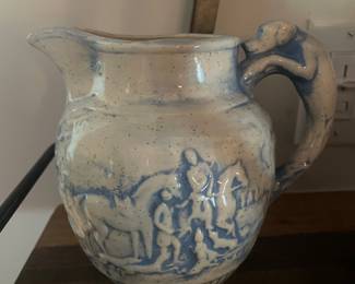 Vintage Blue and White Ceramic Pitcher with Hunt Scene and Dog Handle