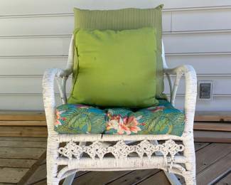 Vintage White Wicker Rocking Chair with Tropical Floral Cushions