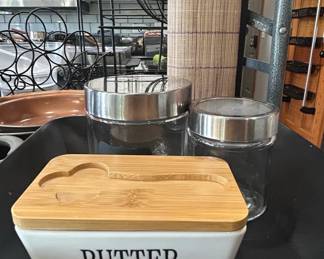 Butter Dish with Bamboo Lid and Two Glass Canisters