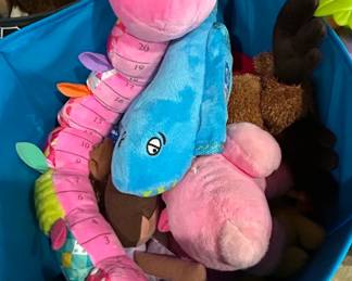 Assorted Plush Toys including Musical Caterpillar in Blue Storage Bin