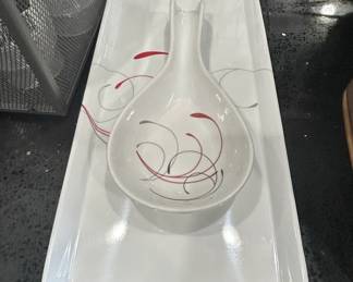 White Ceramic Serving Tray with Spoon Rest and Swirls