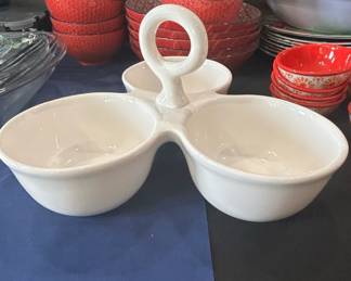 White Ceramic Triple Bowl Server with Handle
