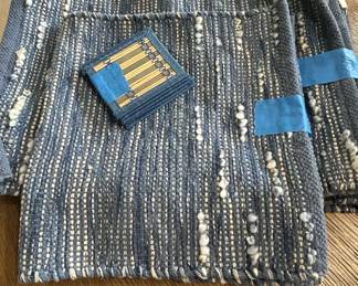 Woven Blue and White Placemats and Napkin Set with Bamboo Coaster