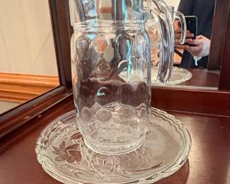 Vintage Pressed Glass Pitcher and Plate Set Floral and Circle Motif