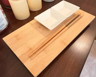 Bamboo Sushi Serving Platter with Two Ceramic Ramekins and Chopsticks