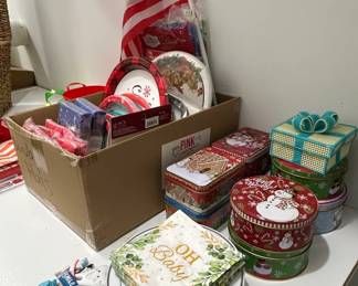 Christmas and Baby Shower Themed Party Supplies Lot with Decorative Tins