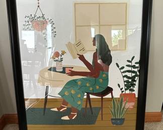 Framed Print of Woman Reading with Plants