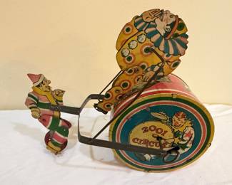 Gong Bell manufacturing company clown tin litho pull toy