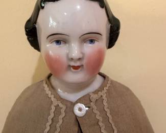 Molded Head China Porcelain Doll Head with Beautiful Antique Clothing 