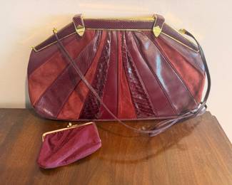 Vintage Judith Leiber Sunray Karung Patch Cabernet Handbag Clutch with Coin Purse