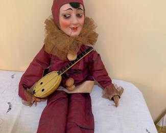 Antique French Automaton Banjo Doll with Silk Clothing