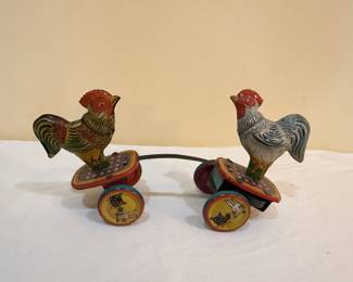 Antique Tin Lithograph Gebruder Einfalt Technofix Wind-Up Fighting Roosters 