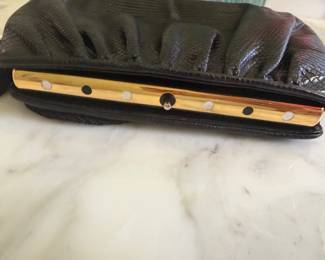 Black Vintage Judith Leiber Snakeskin Clutch with Inset Lucite in Gold Frame