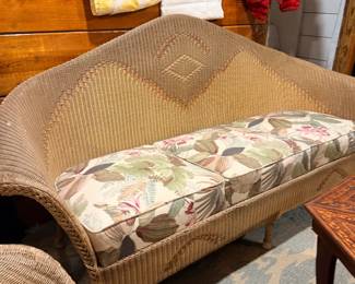 Wicker Camelback Sofa with Upholstered Cushions