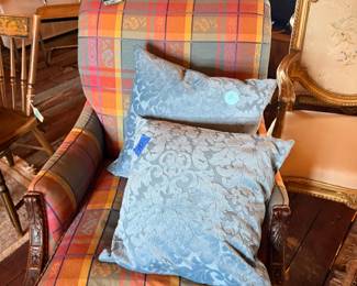 Vintage Wood-framed Upholstered Armchair and Pillows