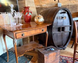 French Provincial Side Table, Antique Wine/Whiskey Barrel, Frosted Glasses