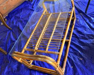 Vintage rattan and glass-top coffee table