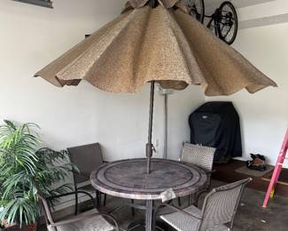 Patio set, table, umbrella & stand & 4 chairs