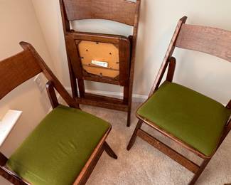 3 wooded folding chairs, padded seats. One needs repair