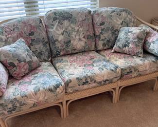 White wicker living room/sunroom set. Couch, loveseat, chair, tables