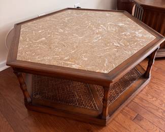 Hexagonal coffee table with rattan bottom shelf