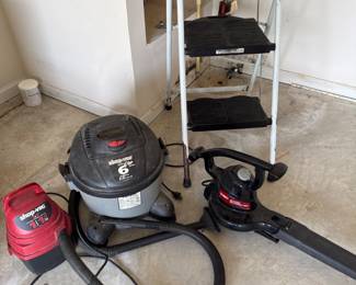 Household tools, two shop vac, blower and step stool