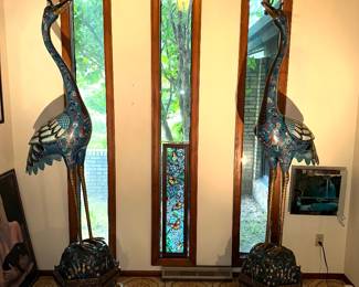 these are AMAZING 8 foot tall ANTIQUE cloisonne cranes 
