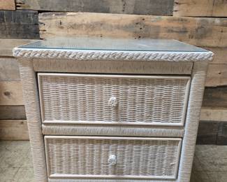 Vintage Henry Link White Wicker 2 Drawer Night Stand with Glass Top 