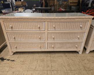 Vintage Henry Link White Wicker 6 Drawer Dresser with glass top