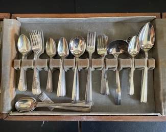Silver Plated Flatware Set in Art Deco Style Wooden Case