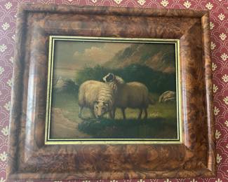 Vintage Sheep Landscape Oil Painting in Burl Wood Frame