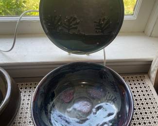 Sarah Jo Hermanson Ceramic Glazed Bowl and Plate with Forest Motif