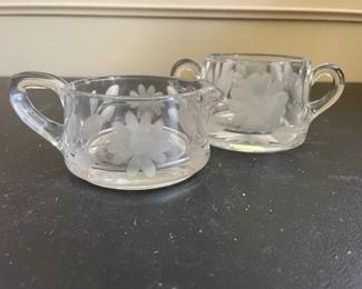 Vintage Etched Glass Daisy Creamer and Sugar Bowl Set
