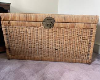 Vintage Chinoiserie Wicker Trunk with Brass Hardware