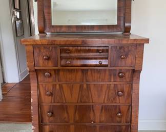 Empire Style Flame Mahogany Highboy Dresser with Mirror