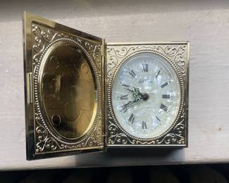 Vintage Seth Thomas Gold-Tone Book Travel Alarm Clock with Mother-of-Pearl Dial