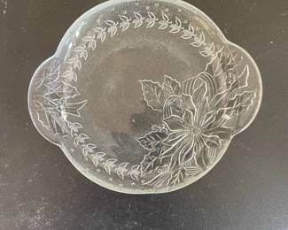 Vintage Clear Glass Poinsettia and Holly Serving Dish