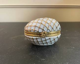 Vintage Porcelain Egg Trinket Box with Gilt Overlay