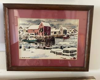 Watercolor Painting of a Winter Harbor Scene by Sven Ohrvel Carlson