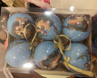 Set of 6 Blue Nativity Scene Glass Ball Ornaments