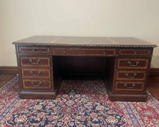 Vintage Mahogany Executive Desk with Inlaid Wood Accents and Brass Hardware