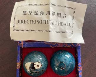 Vintage Chinese Baoding Health Balls with Panda Design in Brocade Box