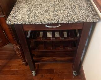 Wooden Rolling Kitchen Cart with Granite Top and Wine Rack