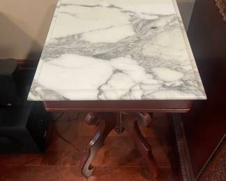 Vintage Mahogany Lyre Base Side Table with Marble Top