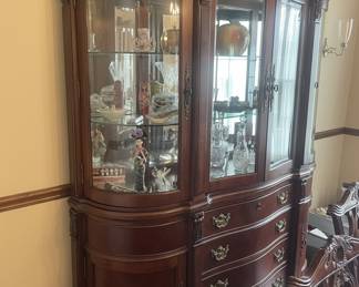 Vintage Cherry Wood China Cabinet with Curved Glass and Drawers